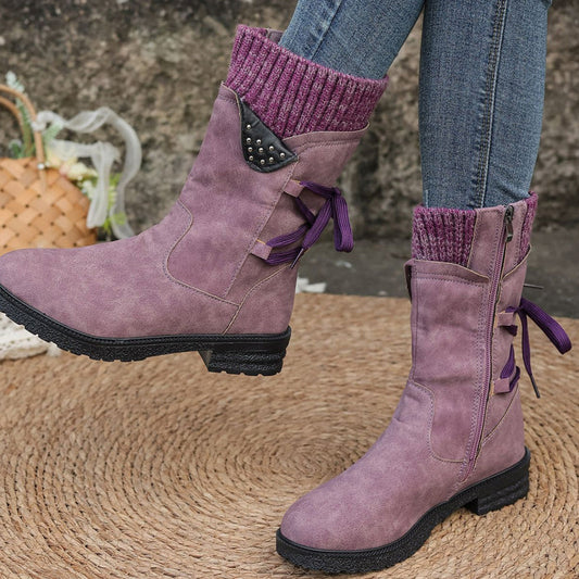Women’s Elegant Mid-Calf Boots With Cozy Knitted Cuff