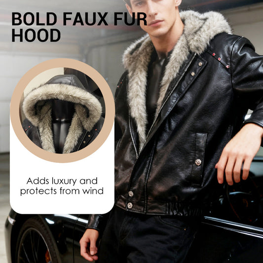 Men's Hooded PU Leather Jacket with Faux Fur Lining