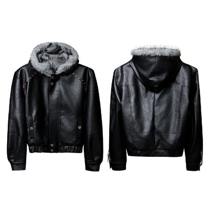 Men's Hooded PU Leather Jacket with Faux Fur Lining